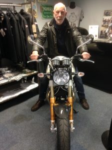 Harry trying out a new bike for size during the club visit to Norton Motors in April